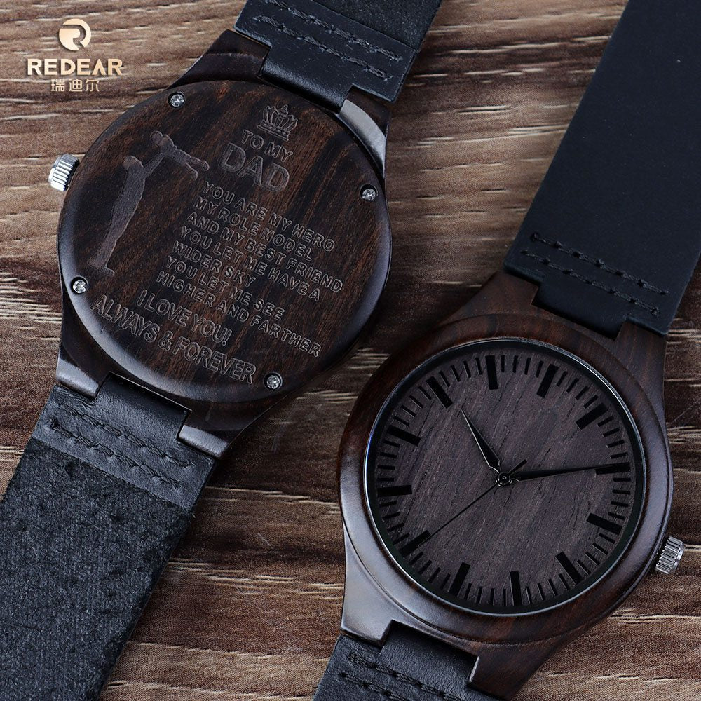 A watch with a genuine leather strap. Engrave words on the back cover. It's a Father's Day gift for dad.