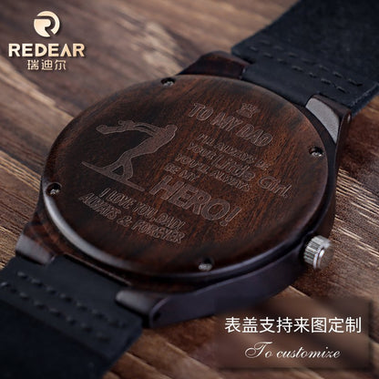 A watch with a genuine leather strap. Engrave words on the back cover. It's a Father's Day gift for dad.