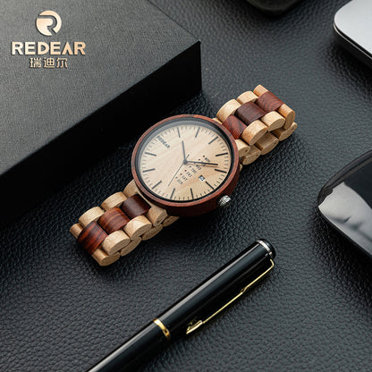 A stylish wooden quartz watch with a dual - calendar feature and a touch of personality