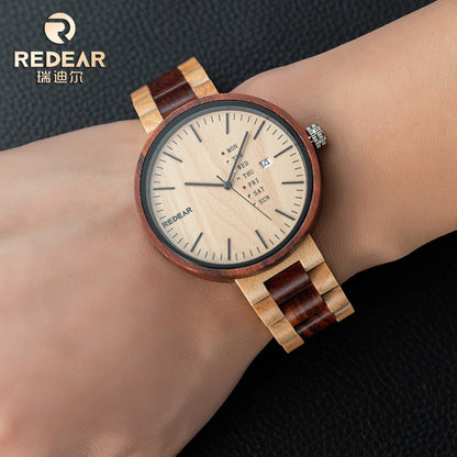 A stylish wooden quartz watch with a dual - calendar feature and a touch of personality