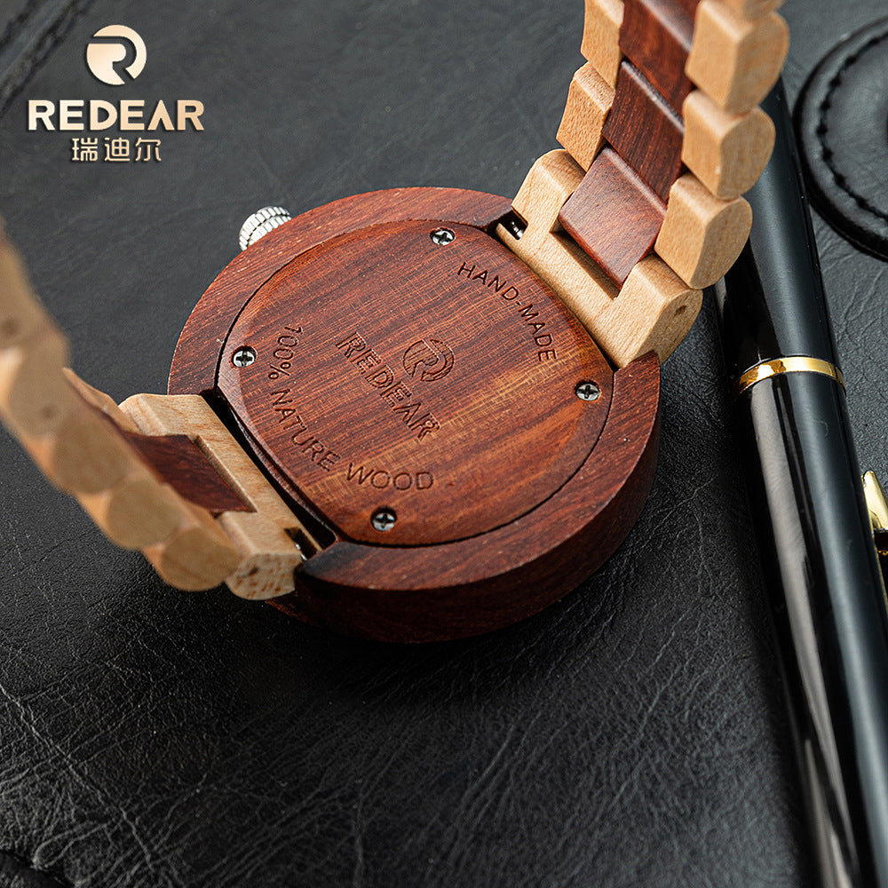 A stylish wooden quartz watch with a dual - calendar feature and a touch of personality