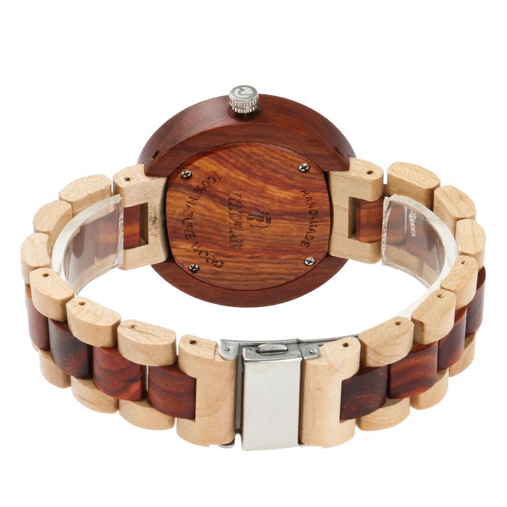 A stylish wooden quartz watch with a dual - calendar feature and a touch of personality