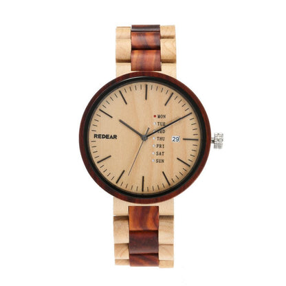 A stylish wooden quartz watch with a dual - calendar feature and a touch of personality