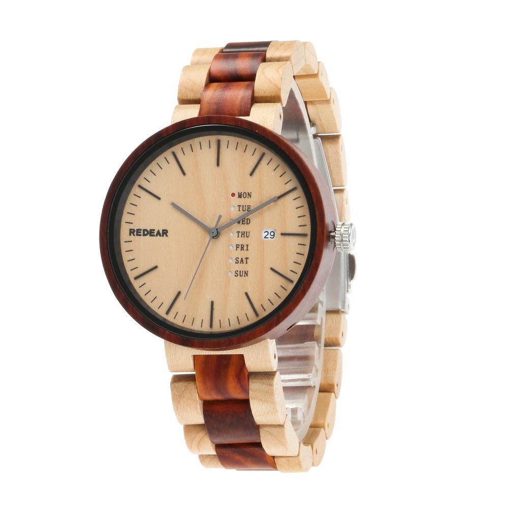 A stylish wooden quartz watch with a dual - calendar feature and a touch of personality