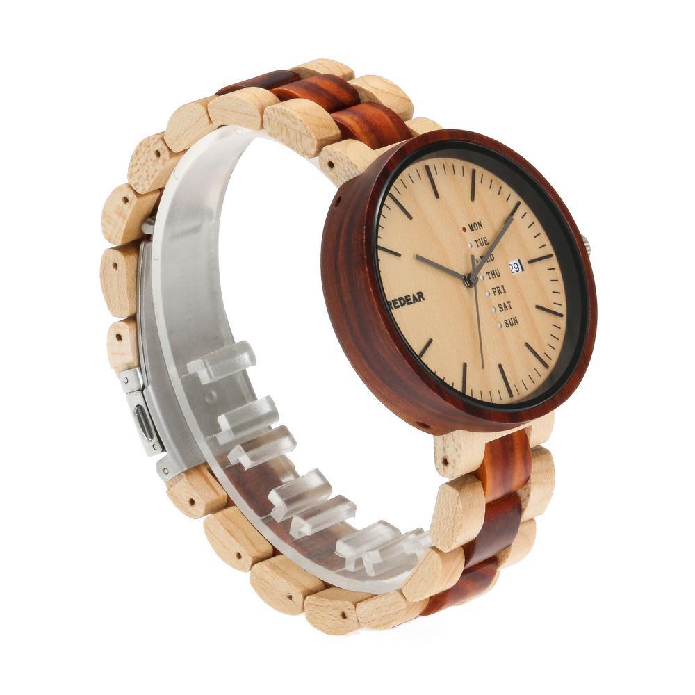 A stylish wooden quartz watch with a dual - calendar feature and a touch of personality