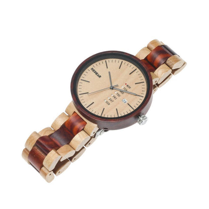 A stylish wooden quartz watch with a dual - calendar feature and a touch of personality