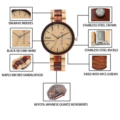 A stylish wooden quartz watch with a dual - calendar feature and a touch of personality