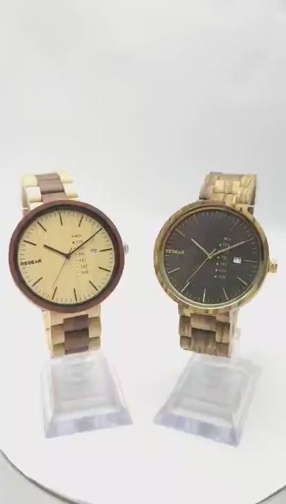 A stylish wooden quartz watch with a dual - calendar feature and a touch of personality